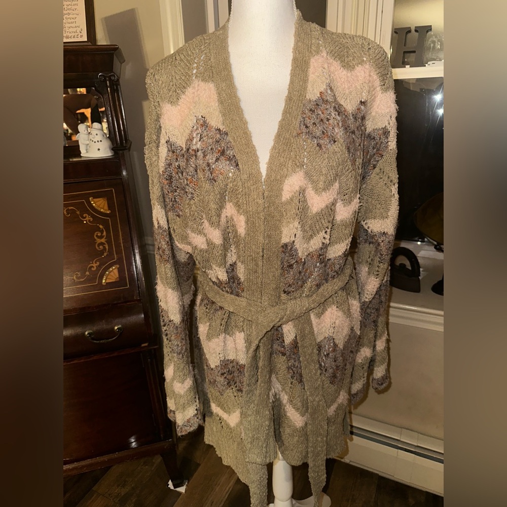 New Preswick & Moore Womens Long Cardigan Tans/ Pale Pink Boho/ Belt / size 2X - Picture 4 of 15